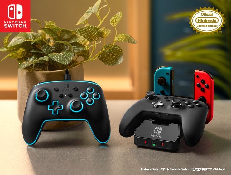 Nintendo Switch controller and charging station on a cozy home background