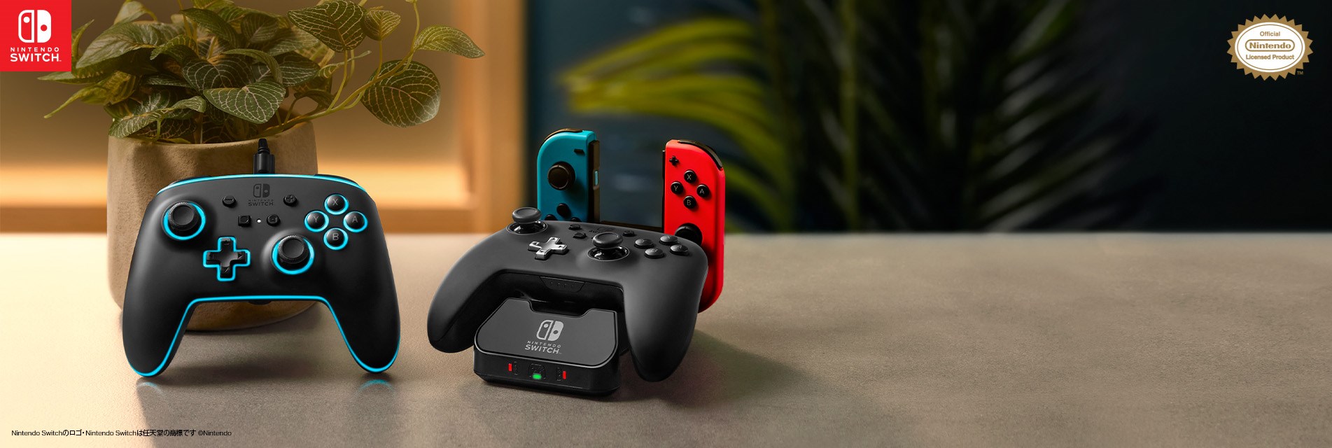 Nintendo Switch controller and charging station on a cozy home background