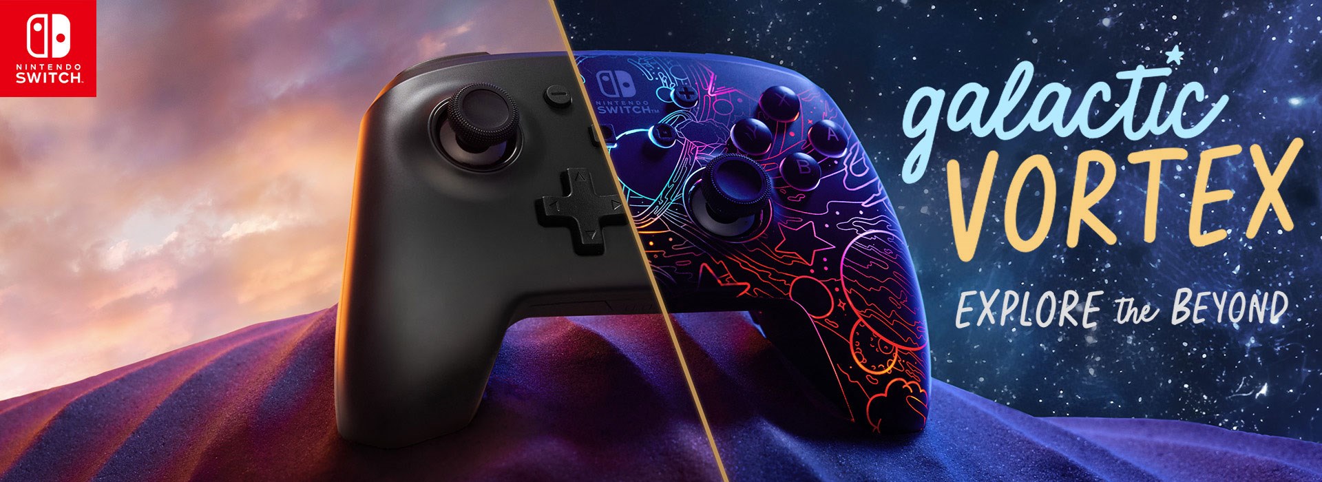 Galactic Vortex controller with glowing rgb galaxies on an intergalactic starry background