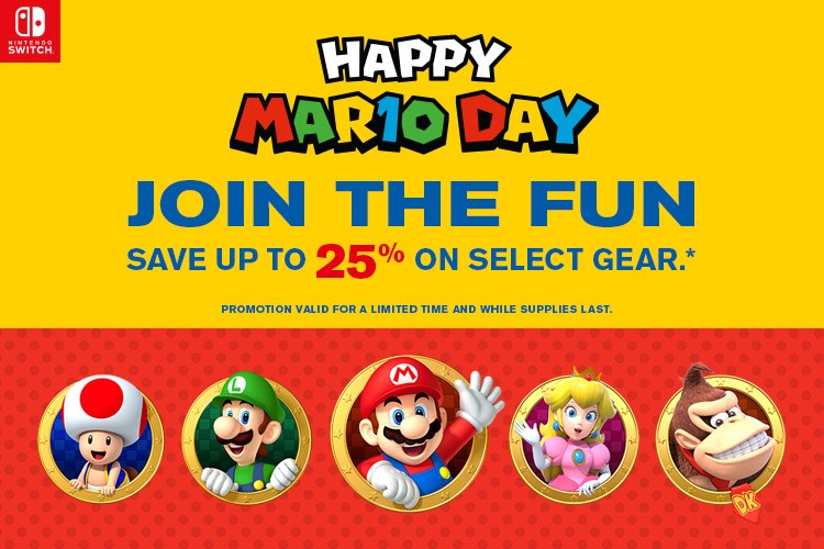 Mario World Characters waving at you below text: Mario Day, Join the Fun, Sve up to 25% on Select Gear