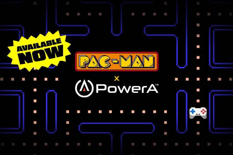 PAC-MAN x PowerA. WAKA WAKA this spring. Classic game background with text announcing PowerA and PAC-MAN products availale now