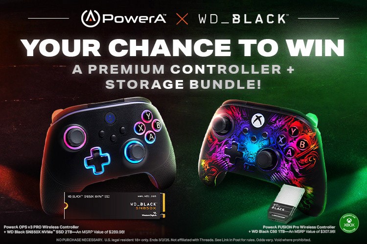 Text: Your chance to win a premium controller and storage bundle. PowerA and Western Digital products a glowing green background with Xbox logo