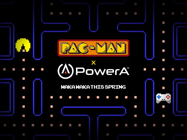 PAC-MAN Classic game background with text PAC-MAN x PowerA  WAKA WAKA This Spring