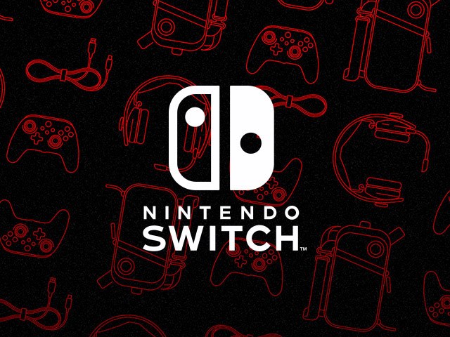 The Nintendo Switch logo on a dark background with red line drawings of PowerA accessories