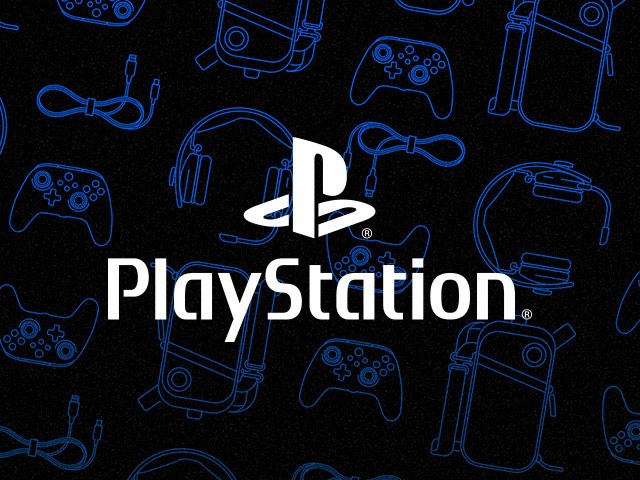 The PlayStation logo on a dark background with blue line drawings of PowerA accessories