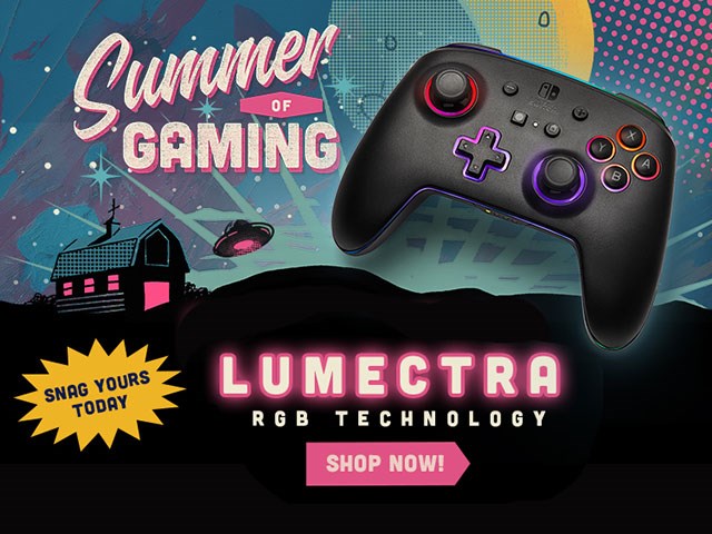 Retro neon against a dark desert night sky with large moon and a spaceship beaming up a controller. Lumectra Controller shown glowing.  It's PowerA's summer gaming event!